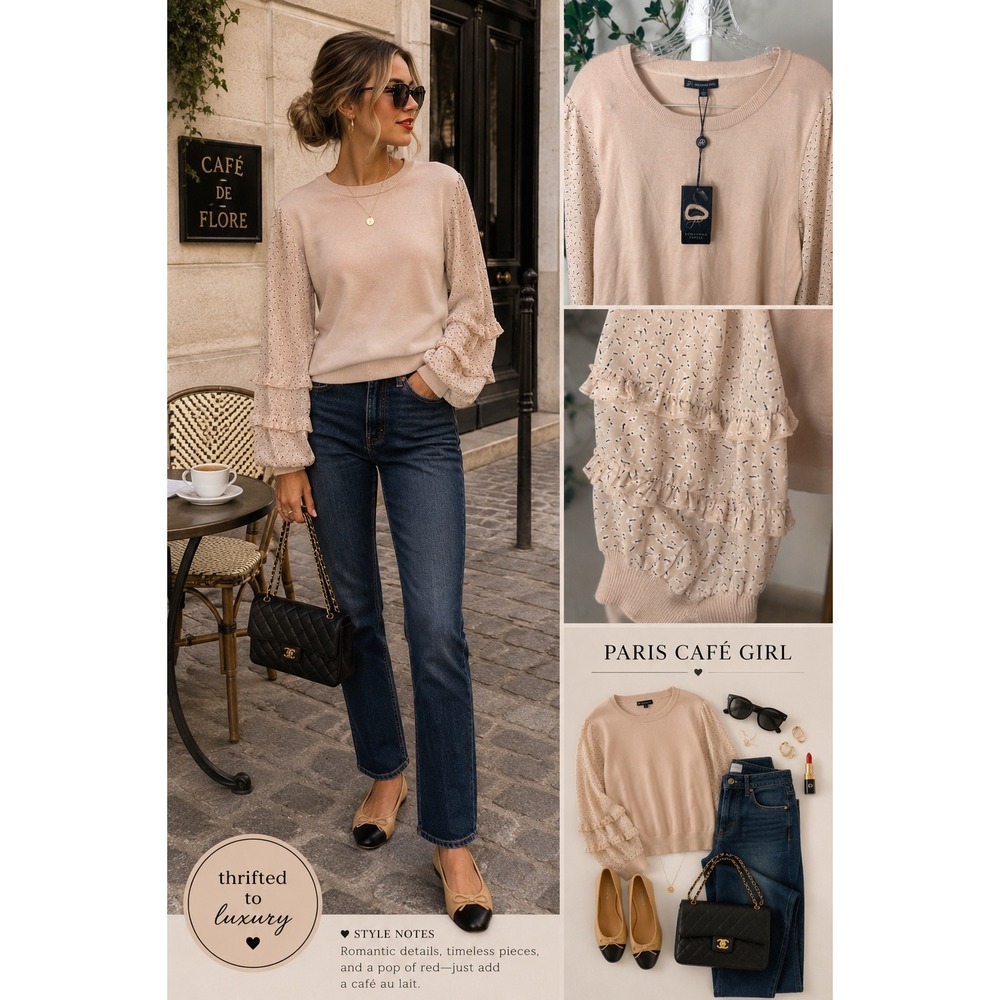 Adrianna Papell Womens Beige Ruffle Sleeve Knit Sweater Top NWT Large - Picture 9 of 9